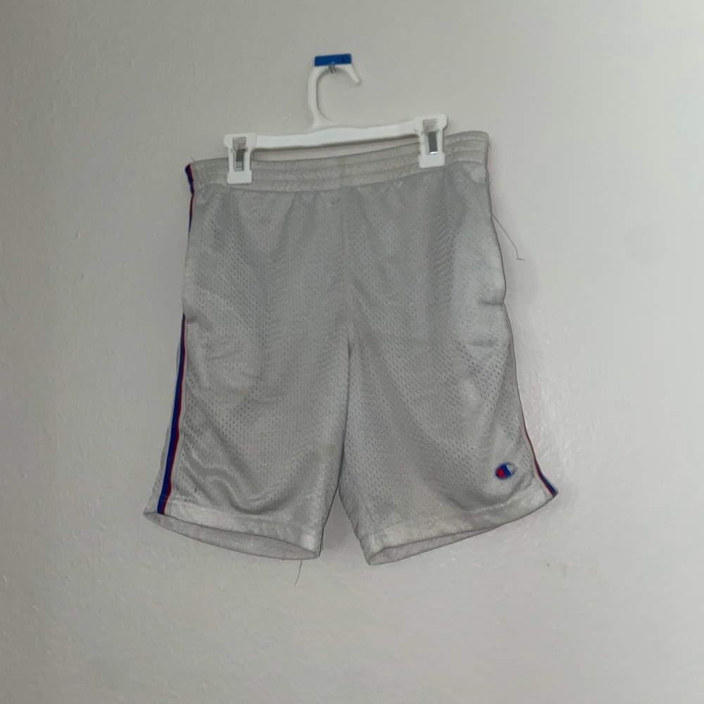 Champion White gym stretch sweat shorts with pockets red blue piping streetwear